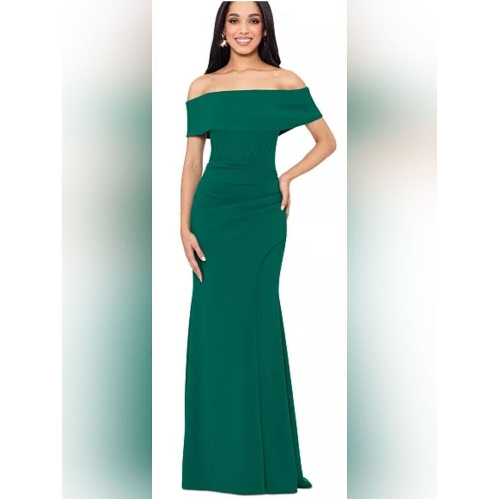 Betsy & Adam Off-The-Shoulder Front-Slit Gown NWT Size 8 Green